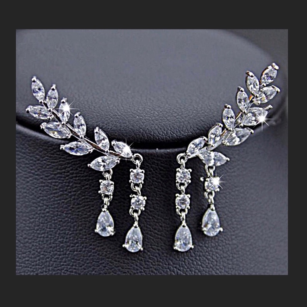Silver Tone Crystal Ear Crawlers w/Drops - Picture 4 of 8